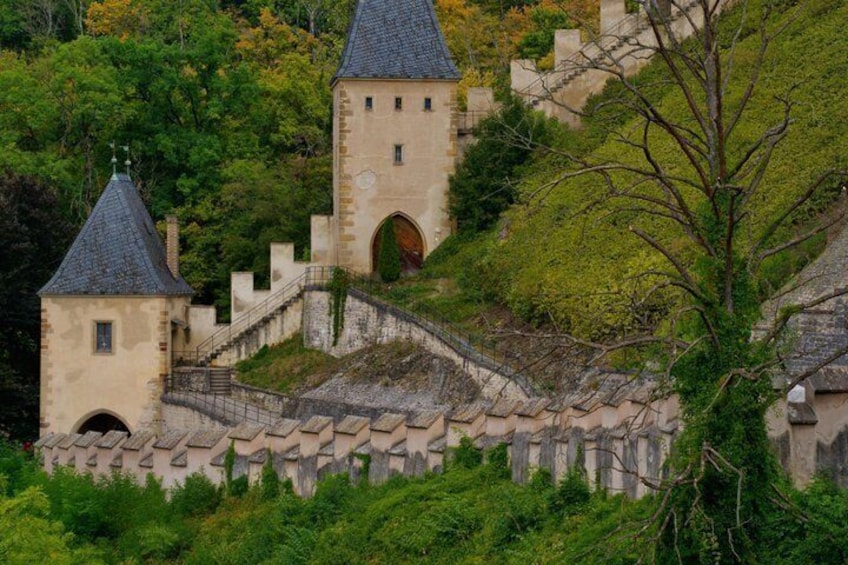 A castle with a tower, a bridge, and surrounding greenery. 5