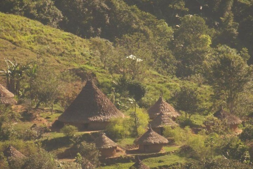 A rural landscape with thatched-roof huts and lush greenery. 2
