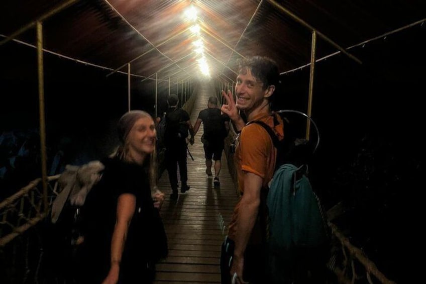 A wooden walkway with overhead lighting, surrounded by metal railings. 4