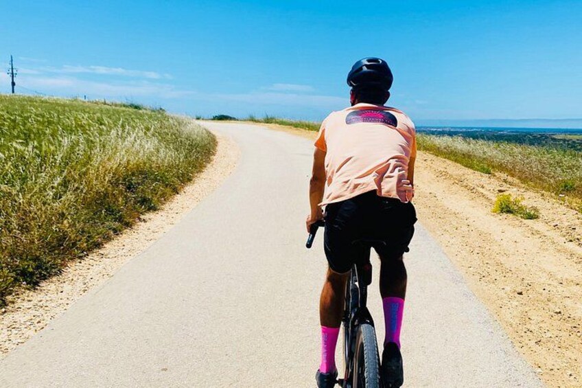 A person riding a bicycle on a paved road with grassy fields on the sides. 1