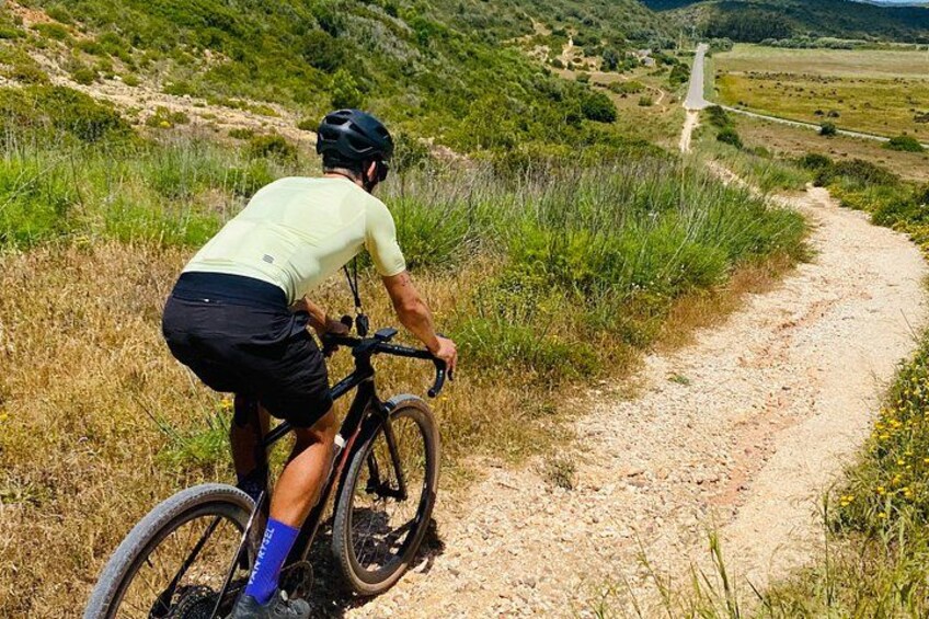 A cyclist on a gravel path with a rural landscape in the background. 2
