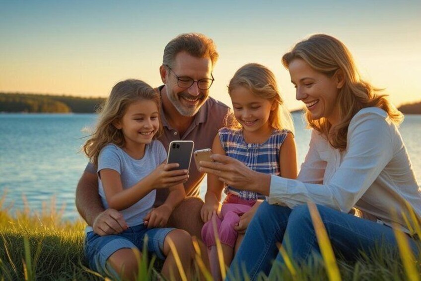 A family of four sitting on grass by a lake during sunset. 4