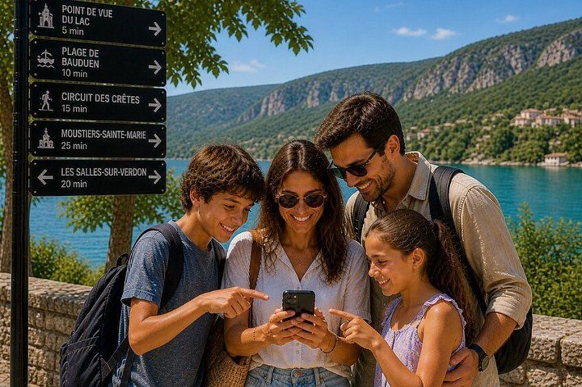 A family looking at a signpost with directions to various locations. 1