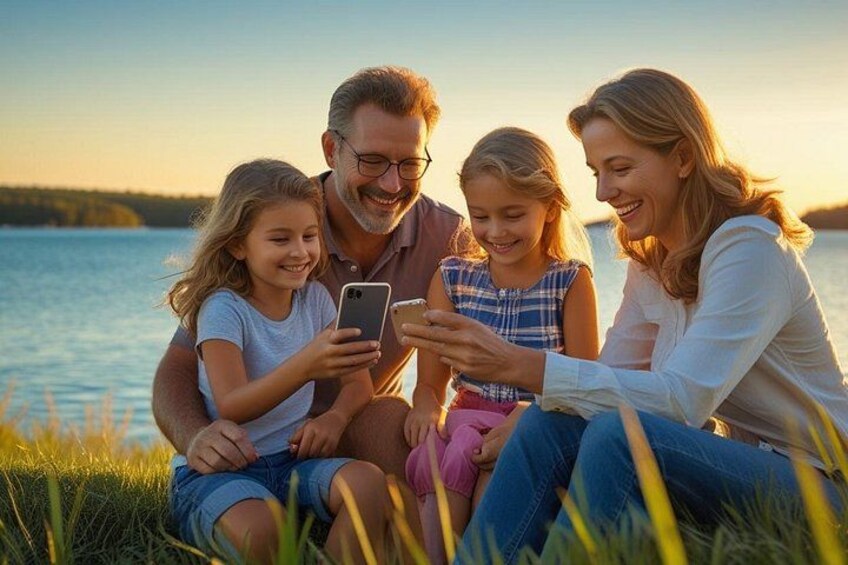 A family of four sitting on grass by a lake at sunset. 4