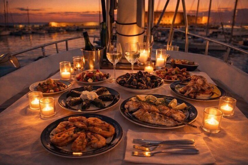 A table set for a meal with various dishes, candles, and a bottle of wine on a boat at sunset. 1