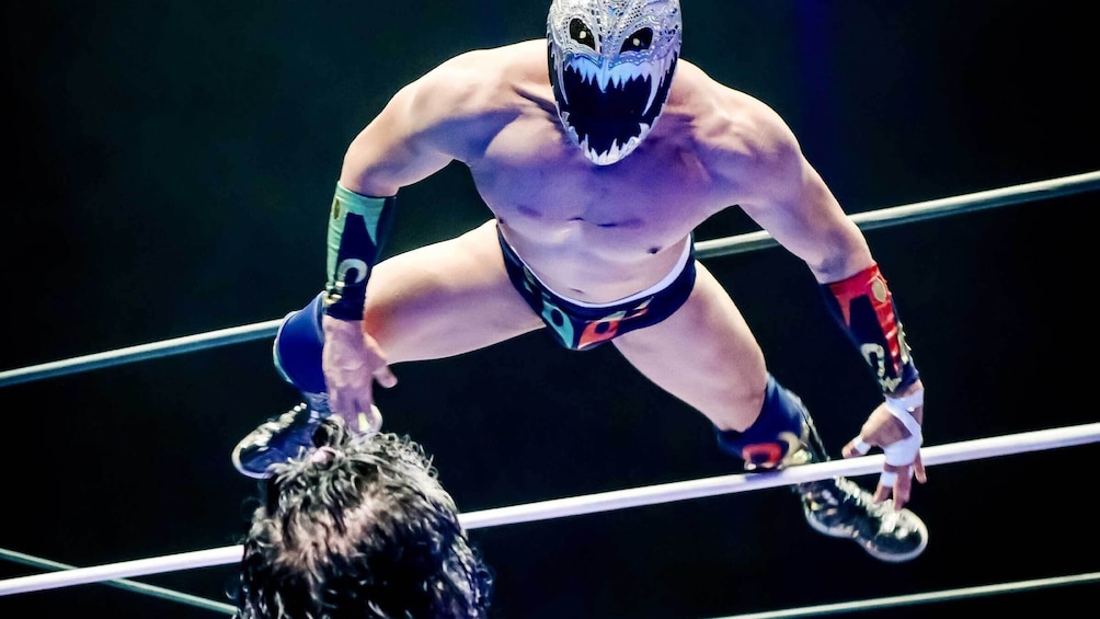 A wrestler in a ring, wearing a mask and wrestling boots. 5