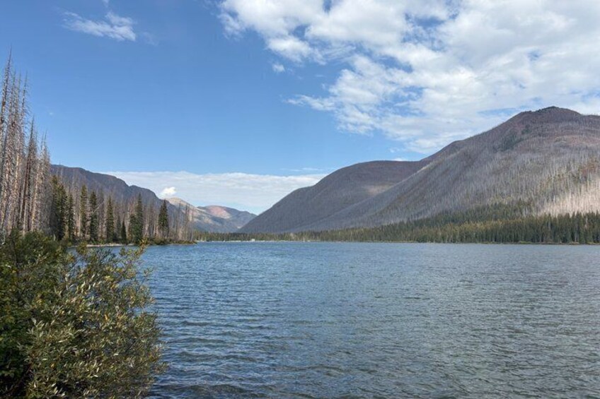 A calm lake surrounded by mountains and coniferous trees. 2