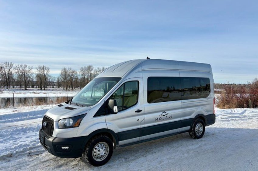 A white van with 'MOLARI' branding parked on a snow-covered road with a lake and trees in the background. 4