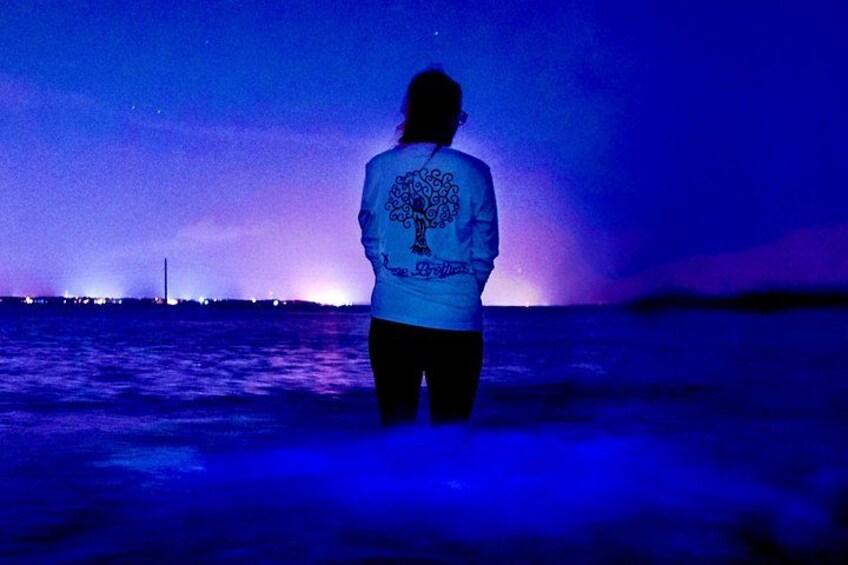 A person standing on a beach at night, facing the ocean. 2