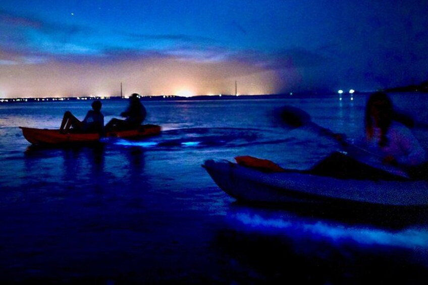 Two people in a boat on a body of water at night with city lights in the background. 3