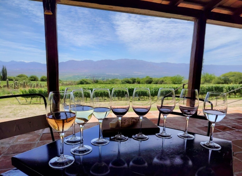 A table with wine glasses and a vineyard view. 1