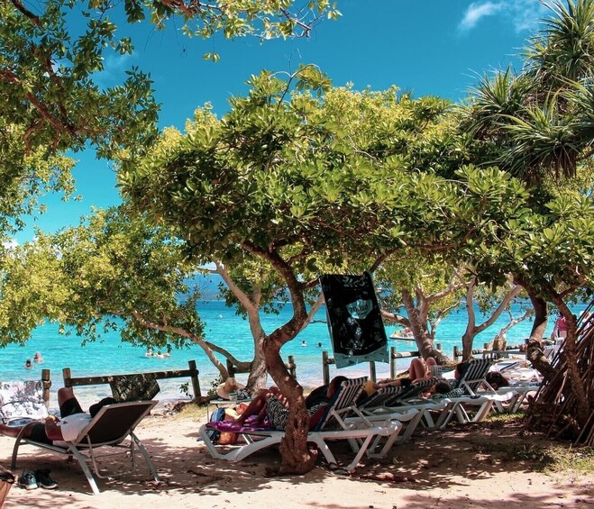 Une plage avec des chaises longues à l’ombre des arbres, une mer d’un bleu limpide et quelques personnes qui prennent un bain de soleil. 3