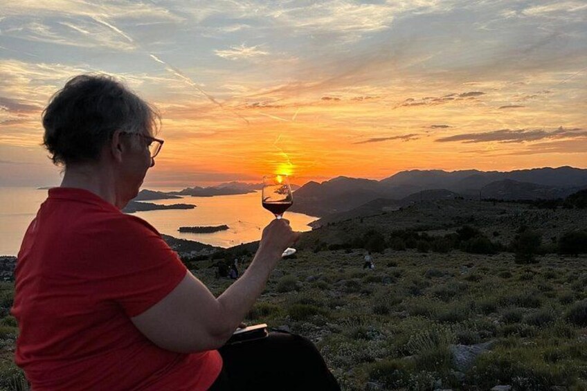 A person holding a wine glass, sitting on a grassy hill, overlooking a sunset over a body of water and distant mountains. 3