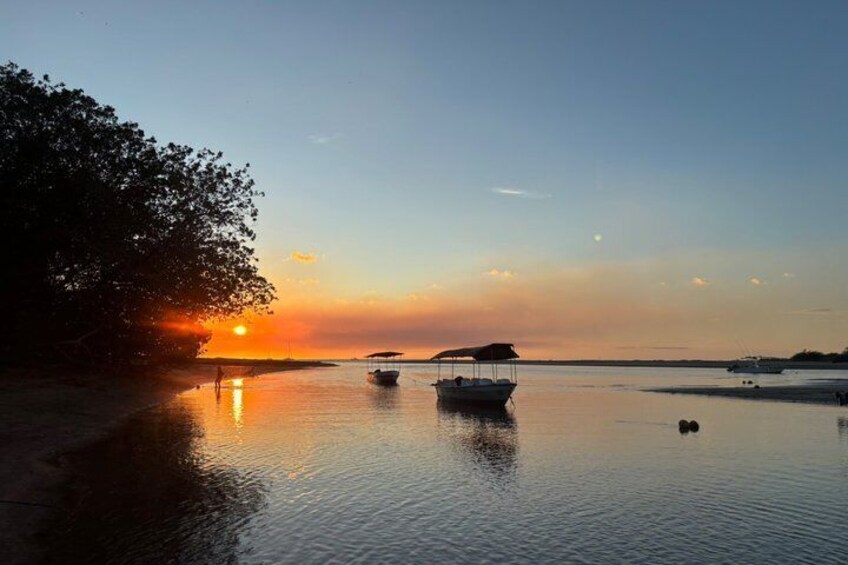 A calm lake at sunset with boats and a tree silhouette. 1