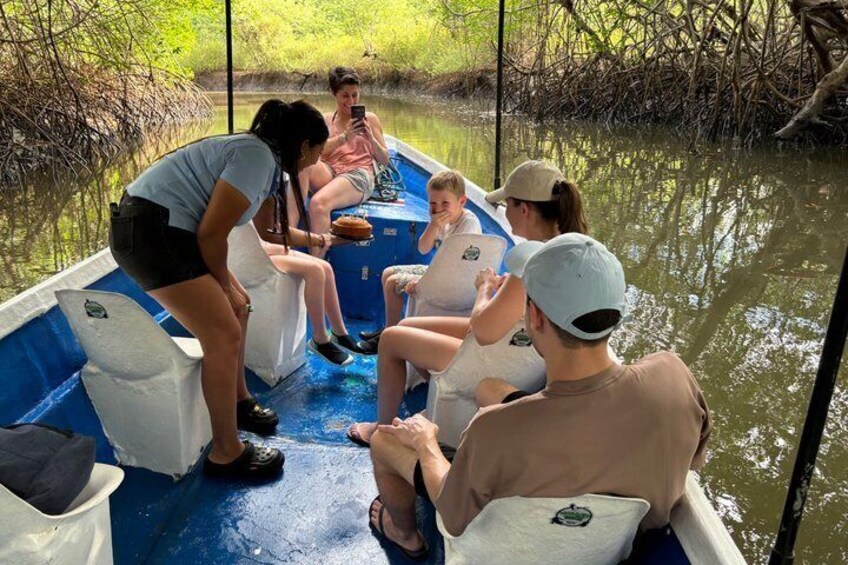 A group of people on a boat in a mangrove area. 4