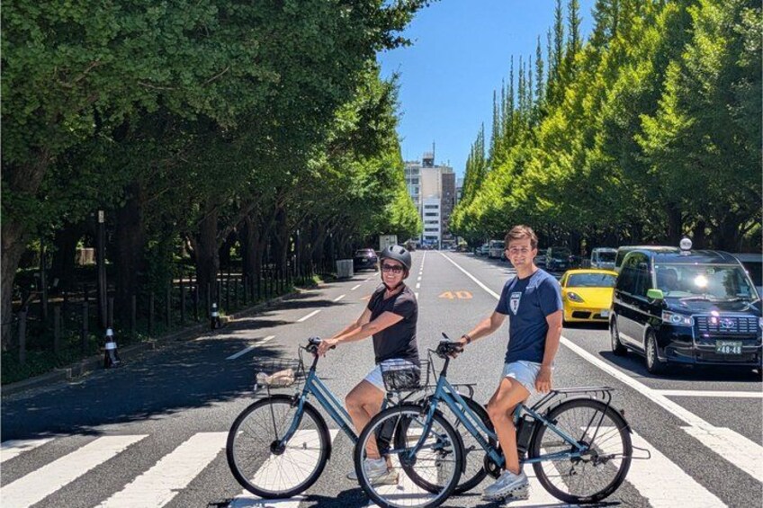 Two cyclists on a tree-lined street with cars parked on the side. 1