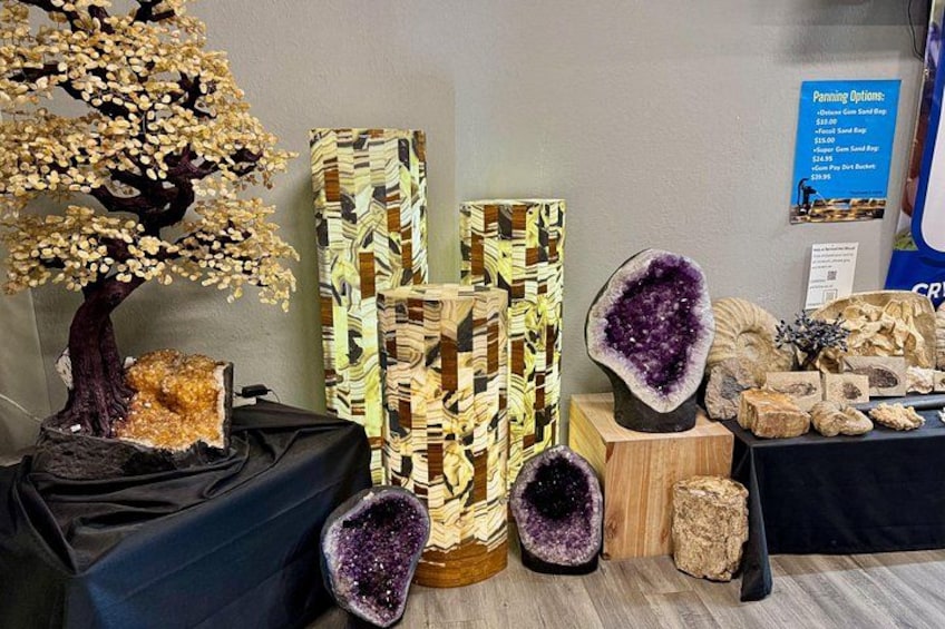 A display of various natural items including a tree, a crystal, and a patterned sculpture. 1
