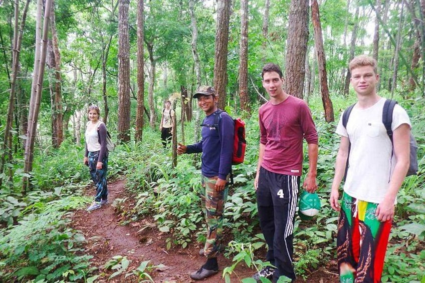 A group of people hiking in a forested area with dense vegetation and a dirt trail. 4
