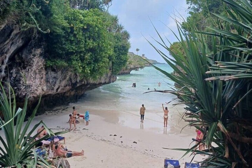 A beach with people swimming and walking, surrounded by greenery and cliffs. 4