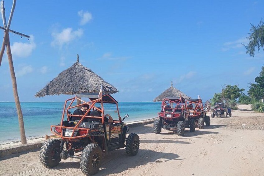 Off-road vehicles parked on a sandy beach with a clear blue sky. 4