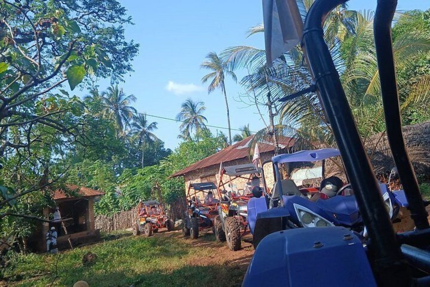 A rural setting with a blue vehicle, a red tractor, and a house with a red roof. 5