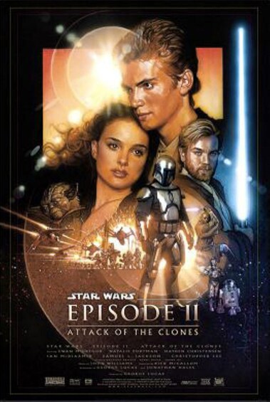 A movie poster for Star Wars Episode II: Attack of the Clones with characters and a lightsaber. 4