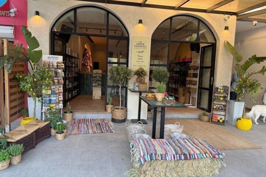 A storefront with a sign reading 'The Greek Experience,' featuring potted plants, a small table, and a dog statue. 1