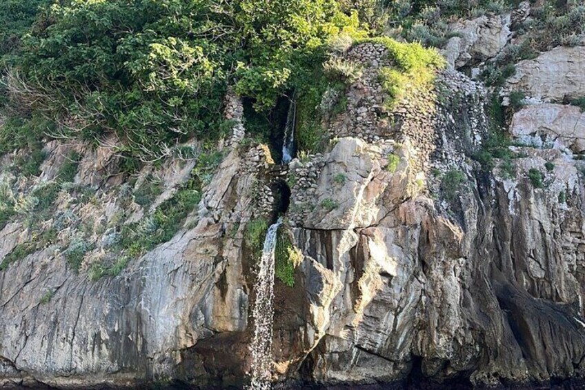 A rocky cliff with a waterfall and lush greenery. 3