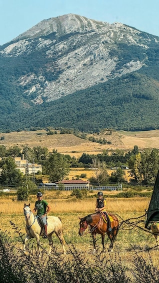 Two riders on horses in a field with a mountain in the background. 2