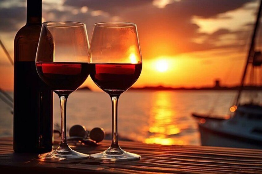 Two wine glasses with a bottle on a table, sunset in the background. 4
