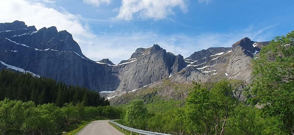 A mountain road with a guardrail, surrounded by dense forest and rugged peaks. 5