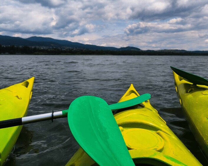 A yellow kayak with a green paddle on calm water, with mountains in the background. 1