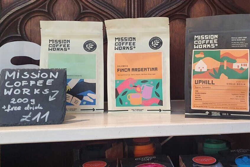 Three coffee bags labeled 'Mission Coffee Works' with different origins: Colombia, Argentina, and Uphill. 4