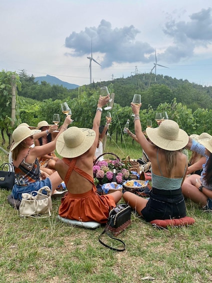 A group of people sitting on grass, toasting with wine glasses, with wind turbines and a vineyard in the background. 2