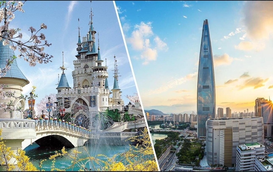 A castle with a bridge and a modern skyscraper. 1