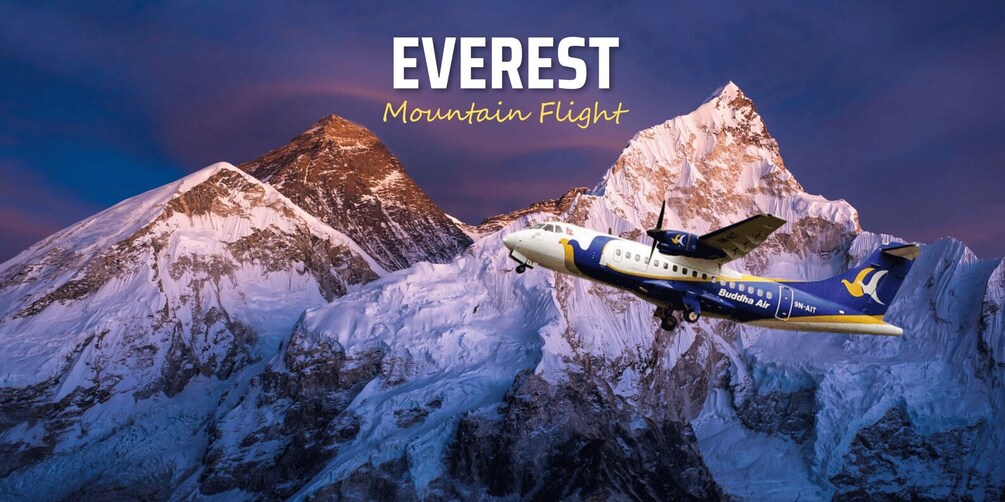 An airplane flying over a mountain range with the text 'EVEREST Mountain Flight'. 1