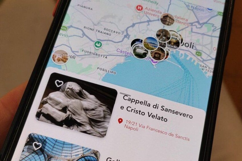 A smartphone displaying a map with a pin marking Cappella di Sansevero and Cristo Velato. 4