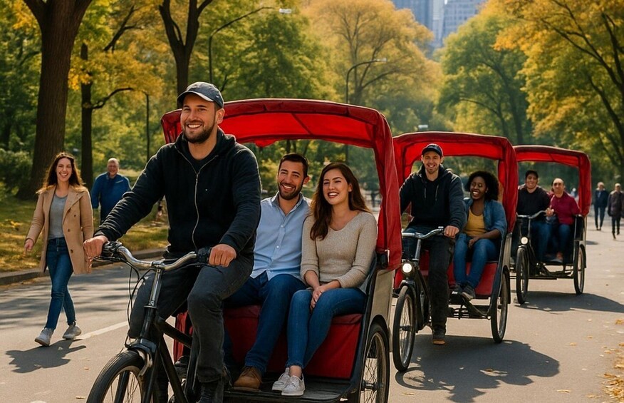 A group of people riding a bicycle and a rickshaw on a tree-lined path. 3