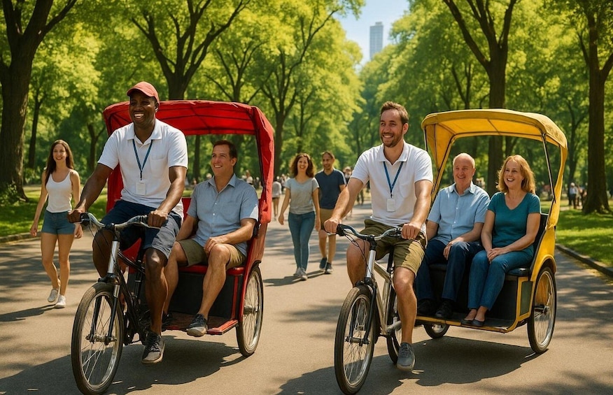 Two people riding a red and a yellow rickshaw on a tree-lined path. 2