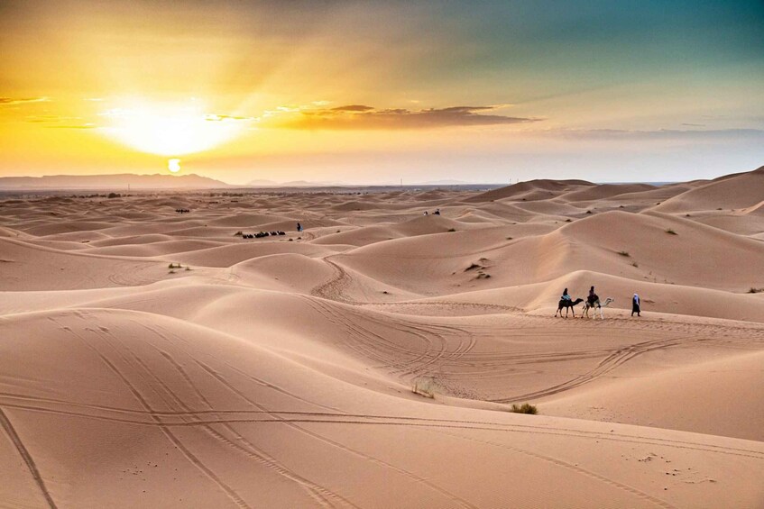 A desert landscape with sand dunes and a sunset. 5