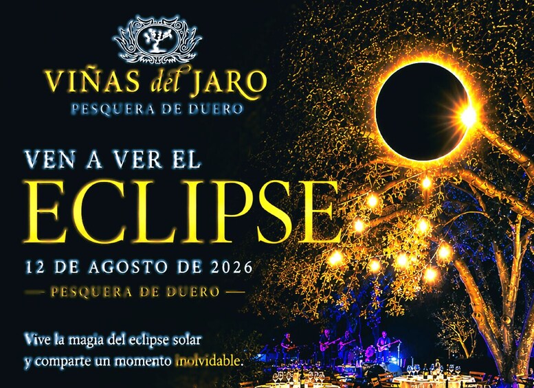A solar eclipse event with a tree and lights, scheduled for 12 August 2026. 2