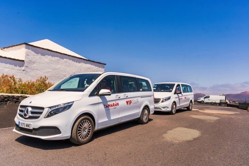 Two white vans with 'TAMARAN VIP TOUR' branding parked on a road with a building and mountains in the background. 5