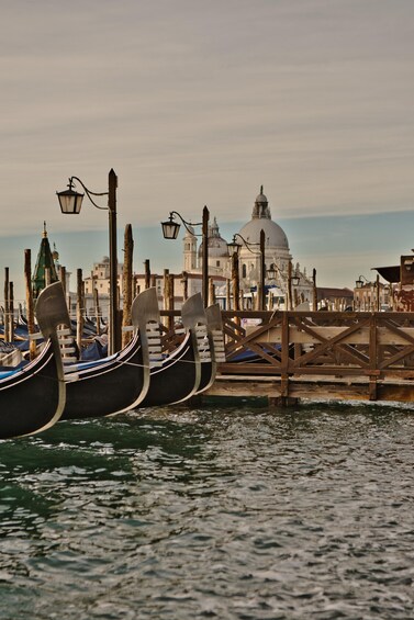 Gondolas docked at a pier with a historic building in the background. 5