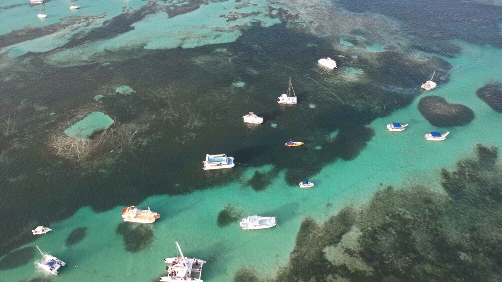 An aerial view of a coastal area with clear turquoise waters, several boats anchored, and rocky outcrops. 4