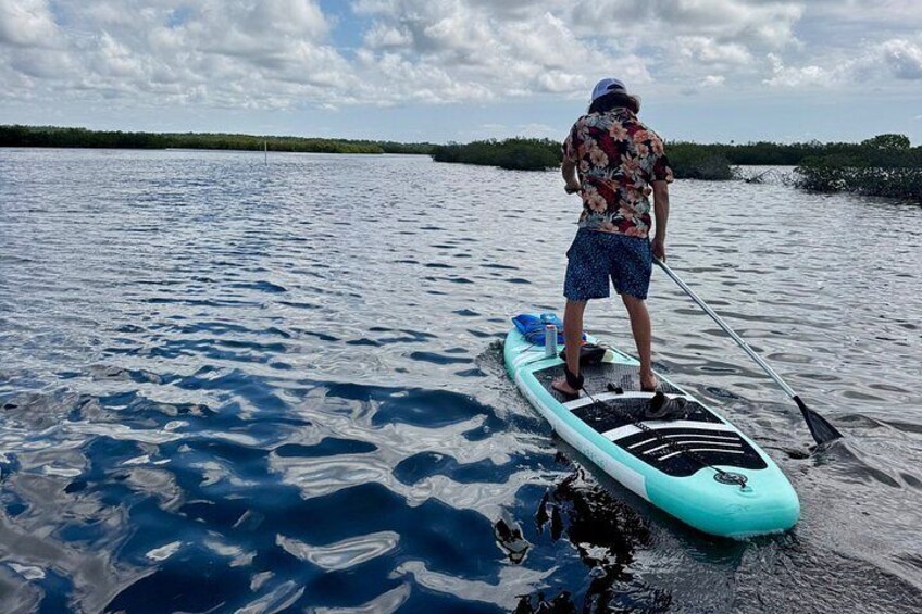 A person paddleboarding on a calm body of water with a clear sky. 4