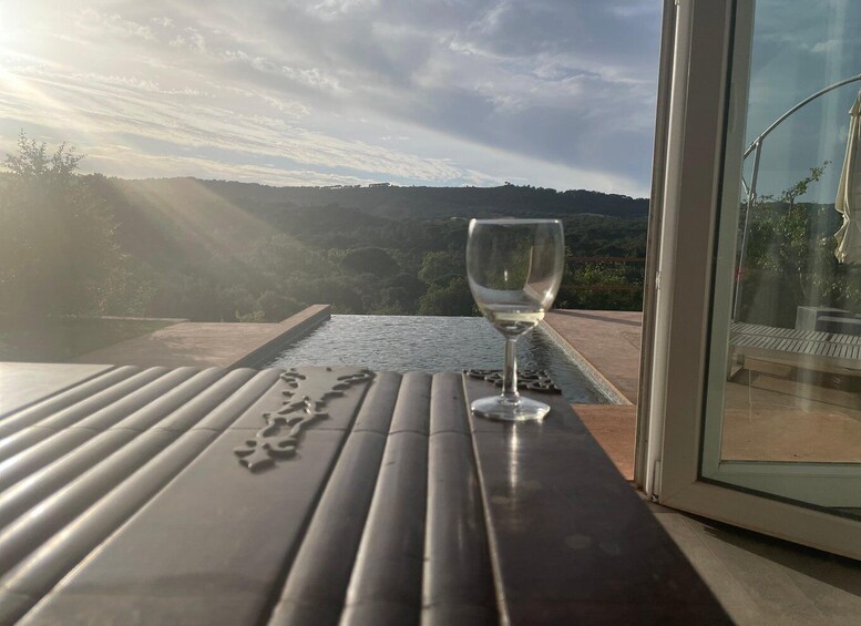 A glass of wine on a table with a scenic view of hills and a clear sky. 1