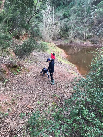 A person and a child near a riverbank in a forested area. 3