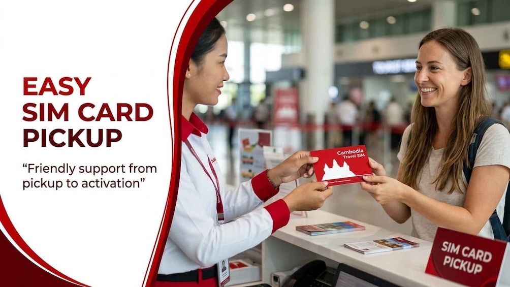 A person receiving a SIM card from a representative at a SIM card pickup location. 1
