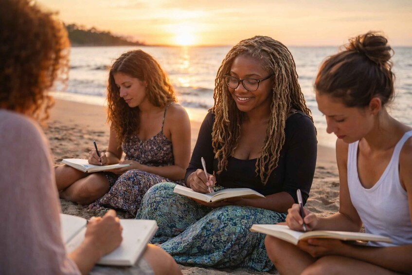 Three individuals sitting on a beach at sunset, each holding a notebook and pen. 1