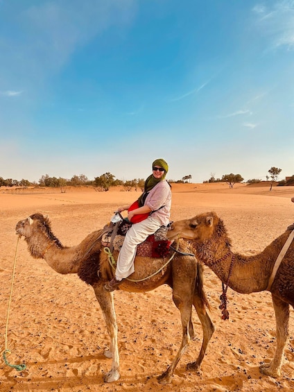 A person riding a camel in a desert landscape. 1